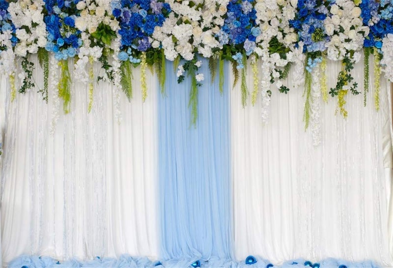 AOFOTO 10x7ft Blue White Flowers Curtain Wedding Backdrop Romantic Floral Wall Drapes Bride Groom Ladies Girls Photoshoot Background for Wedding Reception Ceremoney Birthday Cake Table Decor Banner - Image 1